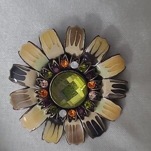Flower pin yellow orange clear rhinestones